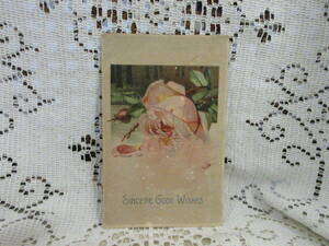 ドイツ製　アンティーク　絵葉書　ポストカード　エンボス　ピンク色の薔薇　木々　水辺　反射　1910年
