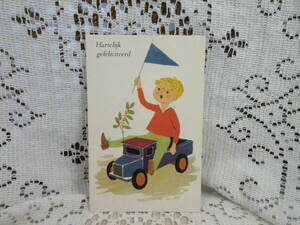 ヴィンテージ　絵葉書　ポストカード　男の子　トラック　小旗　植物　オランダ語　おめでとう　イラスト　メッセージ　未使用