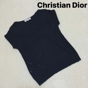 Christian Diorクリスチャンディオール 襟プリーツカットソー サマーニット トップス 半袖 Lサイズ ネイビー