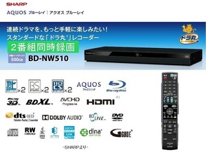 送料無料■取説・リモコン付■２番組同時録画■使用頻度（少）500G-HDD・動作点検済■BD-NW510■外付HDD/HDMI/3D/WiFi■ドラ丸・スマホ録画