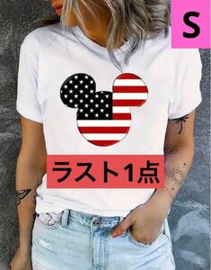 【新品】ミッキーマウス　ディズニー　アメリカ　国旗　レディース　Tシャツ　サイズ＝S