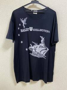 【美品】バリーU BALLY-U カットソー Tシャツ 黒 ＂海賊船とティンカーベル”の織り込み柄　半袖 トップス ゆったりMサイズ　メンズも○