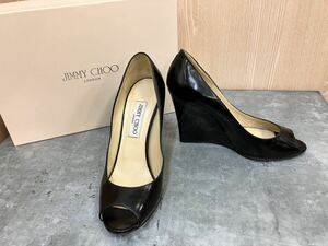 [T2696]　JIMMY CHOO　ジミーチュウ　レディース　シューズ　ヒール　オープンツートゥ エナメル サイズ 38 23cm レザーソール ビジネス