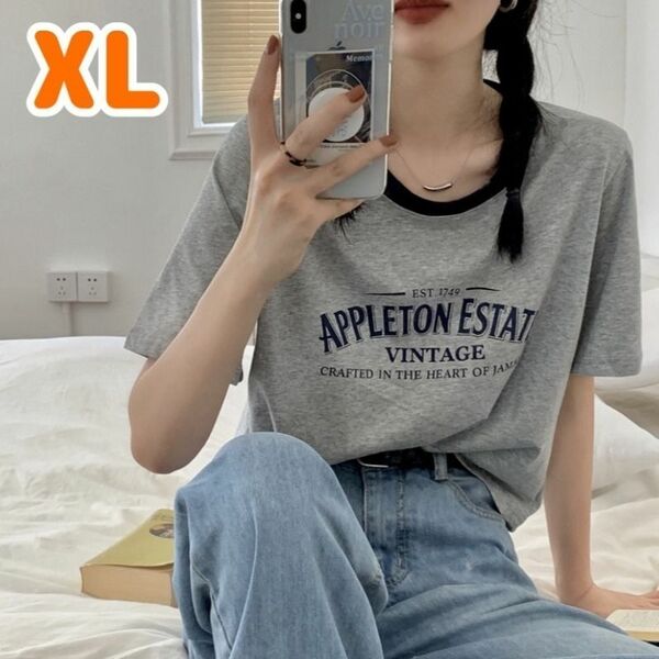 【人気商品】ロゴ Tシャツ グレー XL シンプル 半袖 トップス ファッション