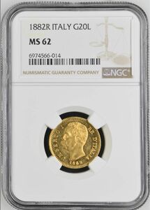 ★美品 1882 R イタリア ウンベルト１世 20リレ 金貨 NGC MS62