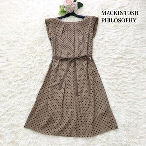 MACKINTOSH PHILOSOPHY　マッキントッシュフィロソフィー　膝丈ワンピース　ドット　水玉　リボンベルト　38　M　ベージュ