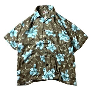 夏に着る! 90s The Hawaiian original ヴィンテージ オープンカラー 開襟 ハイビスカス 総柄 レーヨン 半袖 アロハシャツ XL メンズ 古着