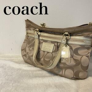 美品COACH コーチハンドバッグトートバッグゴールドベージュシグネチャー総柄