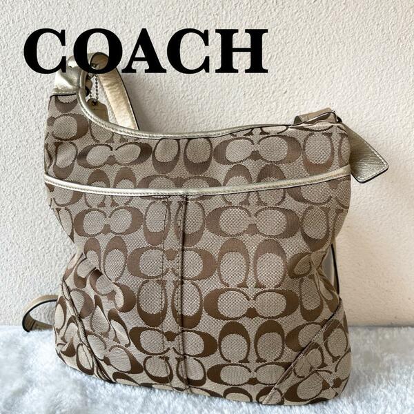 美品COACH コーチショルダーバッグハンドバッグシグネチャー総柄ブラウン茶