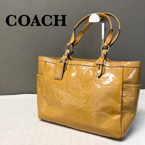 レアCOACHコーチセミショルダーバッグトートバッグイエロー黄シグネチャー総柄