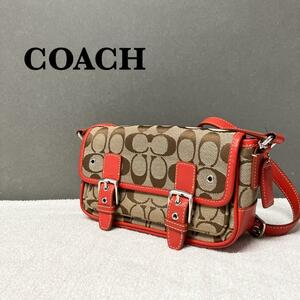 美品COACHコーチショルダーバッグハンドバッグブラウンレッドシグネチャー総柄