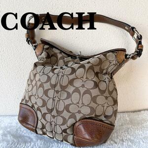 美品COACHコーチセミショルダーバッグトートバッグブラウン茶シグネチャー総柄