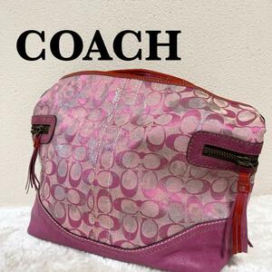 レアCOACH コーチセミショルダーバッグトートバッグピンクシグネチャー総柄