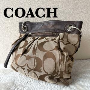 美品COACHコーチセミショルダーバッグトートバッグシグネチャー総柄ブラウン茶