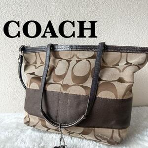 美品COACHコーチセミショルダーバッグトートバッグブラウン茶シグネチャー総柄