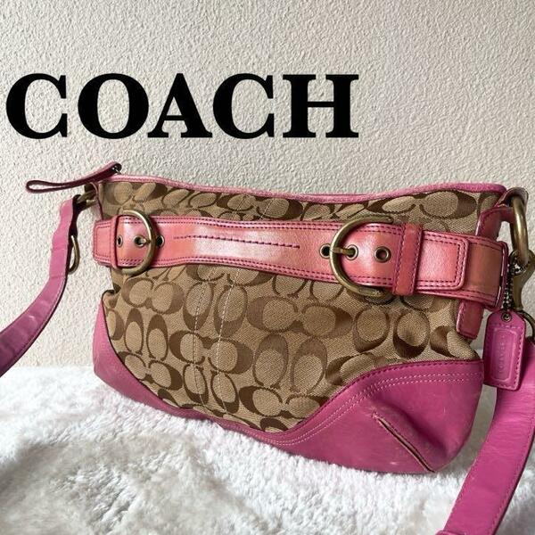 美品COACH コーチショルダーバッグハンドバッグブラウン茶シグネチャー総柄