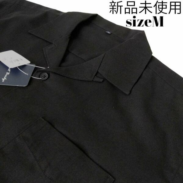 新品/M/綿麻混 ポケット付き オープンカラーシャツ メンズ シャツ 半袖　黒