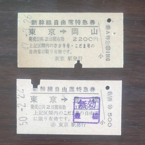 硬券、新幹線自由席特急券、2枚、無効印あり。