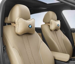 ★新品★BMW★ロゴ入りき 車用記憶 通気性弾性 ネックパッド レザー ネックパッド 汎用 車載首枕 ヘッドレスト★2個★ベージュ★