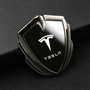 テスラ TESLA ステッカー 車ロゴ 車用 エンブレム 鏡面 3D立体 金属製 デカール 防水 両面テープ付き 1枚入り ☆深錆色/ブラック