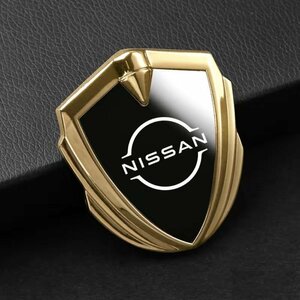 日産 NISSAN ステッカー 車ロゴ 車用 エンブレム 鏡面 3D立体 金属製 デカール 防水 両面テープ付き 1枚入り ☆ゴールド/ブラック