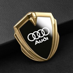 アウディ AUDI ステッカー 車ロゴ 車用 エンブレム 鏡面 3D立体 金属製 デカール 防水 両面テープ付き 1枚入り ☆ゴールド/ブラック