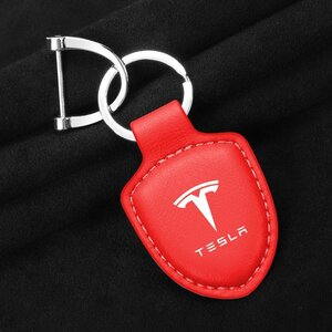 テスラ TESLA キーホルダー キーリング キーチェーン 車用 ストラップ 牛革製 薄型 軽量 鍵 カギ メンズ レディース ☆レッド