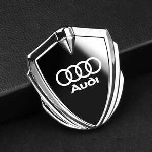 アウディ AUDI ステッカー 車ロゴ 車用 エンブレム 鏡面 3D立体 金属製 デカール 防水 両面テープ付き 1枚入り ☆シルバー /ブラック