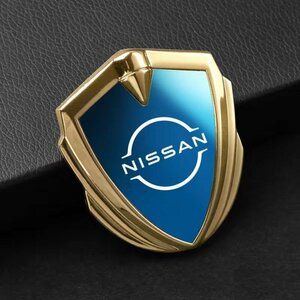 日産 NISSAN ステッカー 車ロゴ 車用 エンブレム 鏡面 3D立体 金属製 デカール 防水 両面テープ付き 1枚入り ☆ゴールド/ブルー
