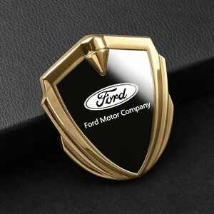 フォード FORD ステッカー 車ロゴ 車用 エンブレム 鏡面 3D立体 金属製 デカール 防水 両面テープ付き 1枚入り ☆ゴールド/ブラック