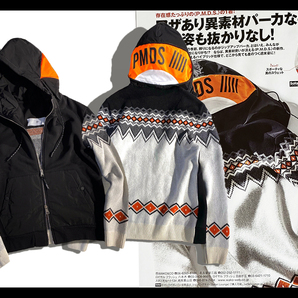 定価4.2万P.M.D.S. PREMIUM MOOD DENIM SUPERIOR アクティブな都会派フーディ！異素材ドッキングノルディック柄ダブルジップブルゾン 伊製の画像1