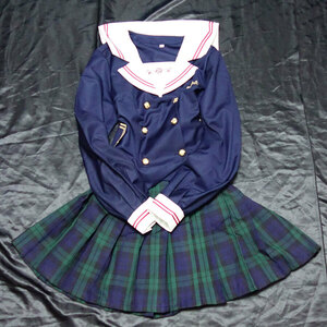  uniform dark blue navy b leather jacket pleat check skirt large size 