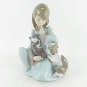 美品 LLADRO リヤドロ 5640 起こしちゃだめよ フィギュリン 陶磁器 少女 猫 犬 置物 人形 西洋 オブジェ SU6050E