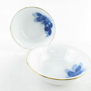 美品 OKURA 大倉陶園 ブルーローズ ボウル 2枚 ペア 15cm 深皿 碗 白 青 薔薇 SU6818S