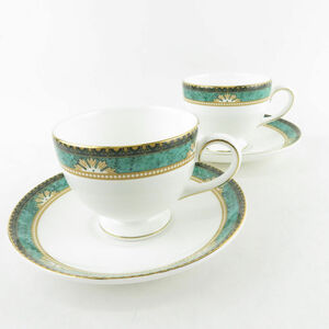 WEDGWOOD ウェッジウッド ランボーン ティーカップ＆ソーサー 2客 ペア リー カーゾン 金彩 白 緑 英国 SU6827T