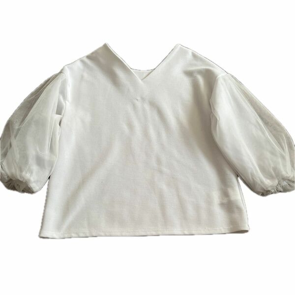 カットソー Tシャツ プルオーバー ブラウスチュールレース重ね袖ボリュームホワイト系
