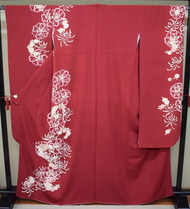 【凛々】31A　中古品 正絹 振袖 濃赤系 桜　身丈167 裄69
