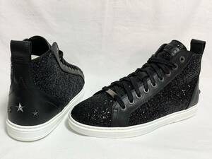 希少 超美品 JIMMY CHOO ジミーチュウ スター 星 スタッズ スパンコール ラメ 光沢 レザー ハイカット スニーカー メンズ 43 27.5～28㎝ 黒