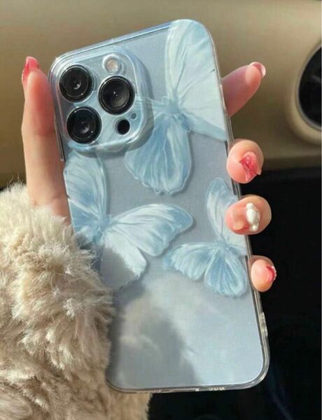 iPhone 14 ケース　ライトブルー　蝶々　バタフライ　クリアケース　透明　カバー　iPhoneケース　スマホケース　韓国