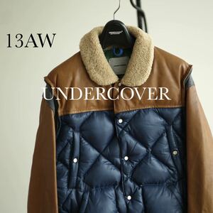 13AW Undercover ダイヤモンド キルティング 袖レザー ダウン ジャケット ボア襟 ムートン 2ネイビー undervoverism アンダーカバー 初期