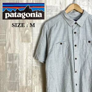 M3799 Patagonia パタゴニア　半袖シャツ　Mサイズ　グレー系　みどり　チェック柄　メンズ　トップス　ボタン　夏服　チェックシャツ