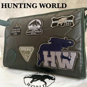 未使用級● HUNTING WORLD ハンティングワールド メンズ バチュー レザー セカンドバッグ バッグ クラッチバッグ ワッペン 黒 緑 収納袋付