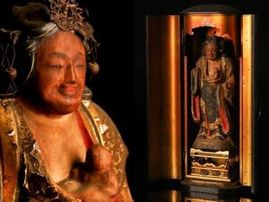【琴》送料無料 仏教美術 時代 彩色 木彫 仏像 厨子入仏 高さ39.5cm WK374