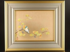 【琴》送料無料 堀川恵子 日本画「黄葉小鳥」額 WJ152