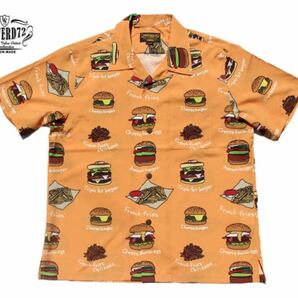 【美品　XLサイズ】UNIVERD72 ユニバード72 アロハシャツ　shirt ALOHA HOUSTON ヒューストン　オレンジ ハンバーガー総柄 オーバーサイズ