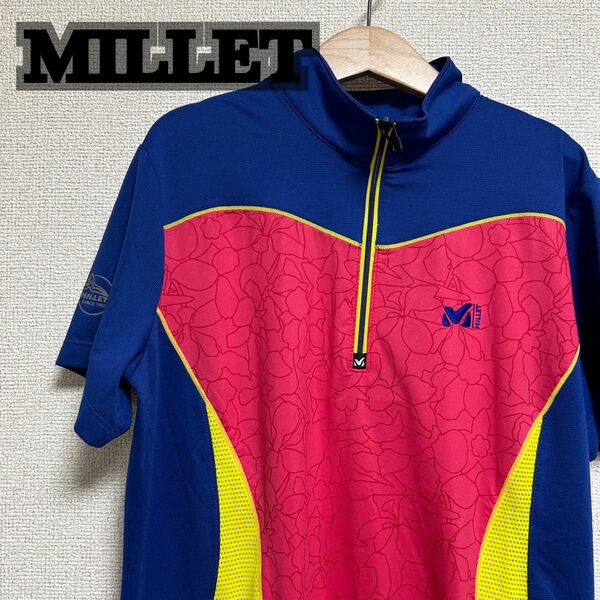 millet ミレー 登山用 ハイキング用 トレッキング ハーフジップ 半袖　シャツ　Tシャツ　ポロシャツ　ピンク　花柄