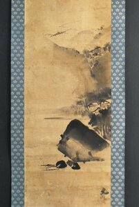 Art hand Auction K3540 Copy of Tani Buncho's Landscape on paper by Kato Bunrei, a student of Watanabe Gentai, a Nanga painter, late Edo period, Japanese painting, Chinese painting, hanging scroll, antique art, hand-painted by a person, Painting, Japanese painting, Landscape, Wind and moon