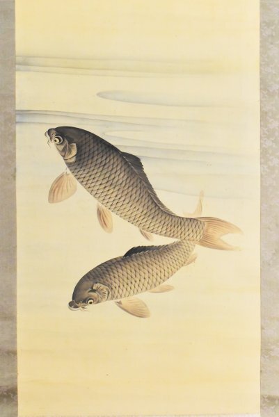 K3566 模写 清灌｢遊鯉図｣絹本 合箱 遊魚 日本画 中国 絵画 古画 掛軸 掛け軸 古美術 人が書いたもの, 絵画, 日本画, 花鳥, 鳥獣