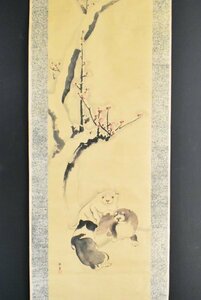 Art hand Auction K3078 复制品玉露梅花狗纸带盒签名狗动物雪日本画中国古画绘画挂轴古代艺术艺术作者手写, 绘画, 日本画, 花鸟, 野生动物