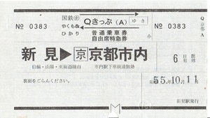 貼り痕【乗車券・特急券】やくも＆ひかり新幹線　Ｑきっぷ　新見→京都市内　ゆき